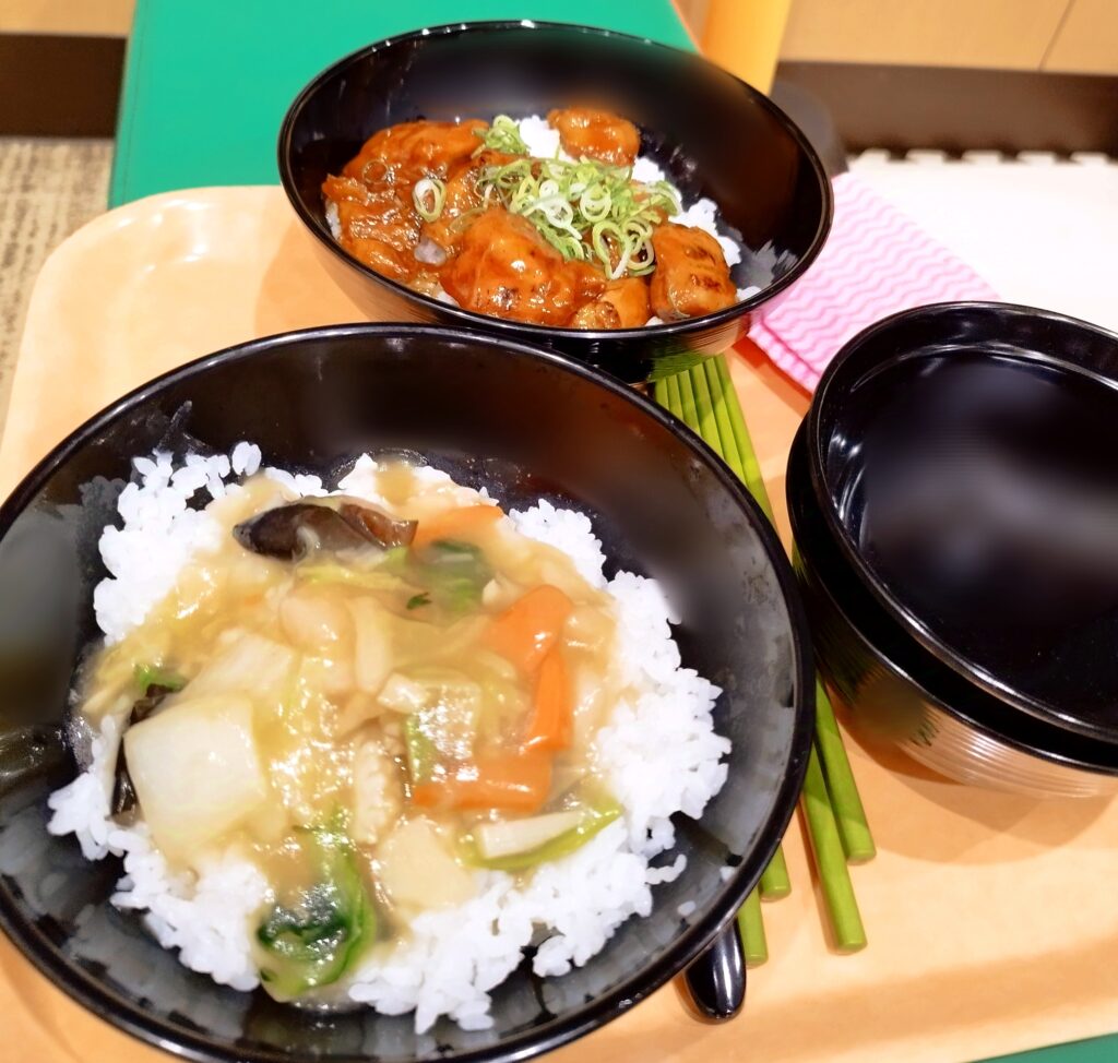 「はしゃキッズ」フードコーナーの焼き鳥丼（上）と中華丼（下）