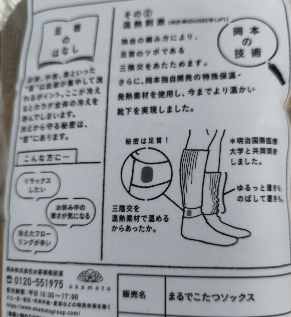 okamotoくつしたサプリ「まるでこたつソックス」の裏面表示